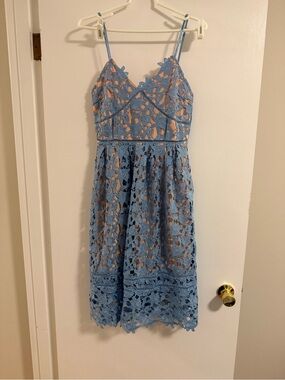 Blue Lace Overlay Spaghetti Strap Dress